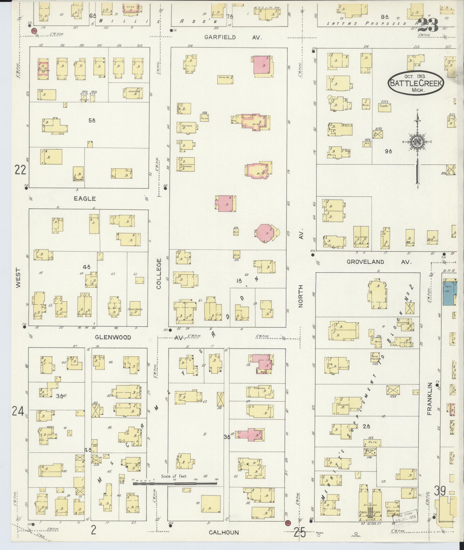 Sanborn Fire Insurance Map from Battle Creek, Calhoun County, Michigan (1913), Sheet #0023 - Complete Map Set gallery image, historic Sanborn map, vintage wall art, Michigan Michigan