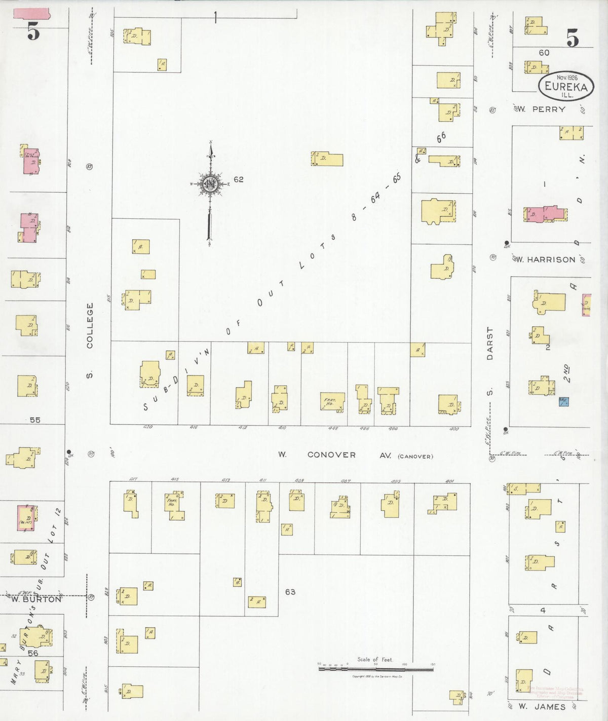 Sanborn Fire Insurance Map from Eureka, Woodford County, Illinois (1926), Sheet #0005 - Complete Map Set gallery image, historic Sanborn map, vintage wall art, Illinois Illinois