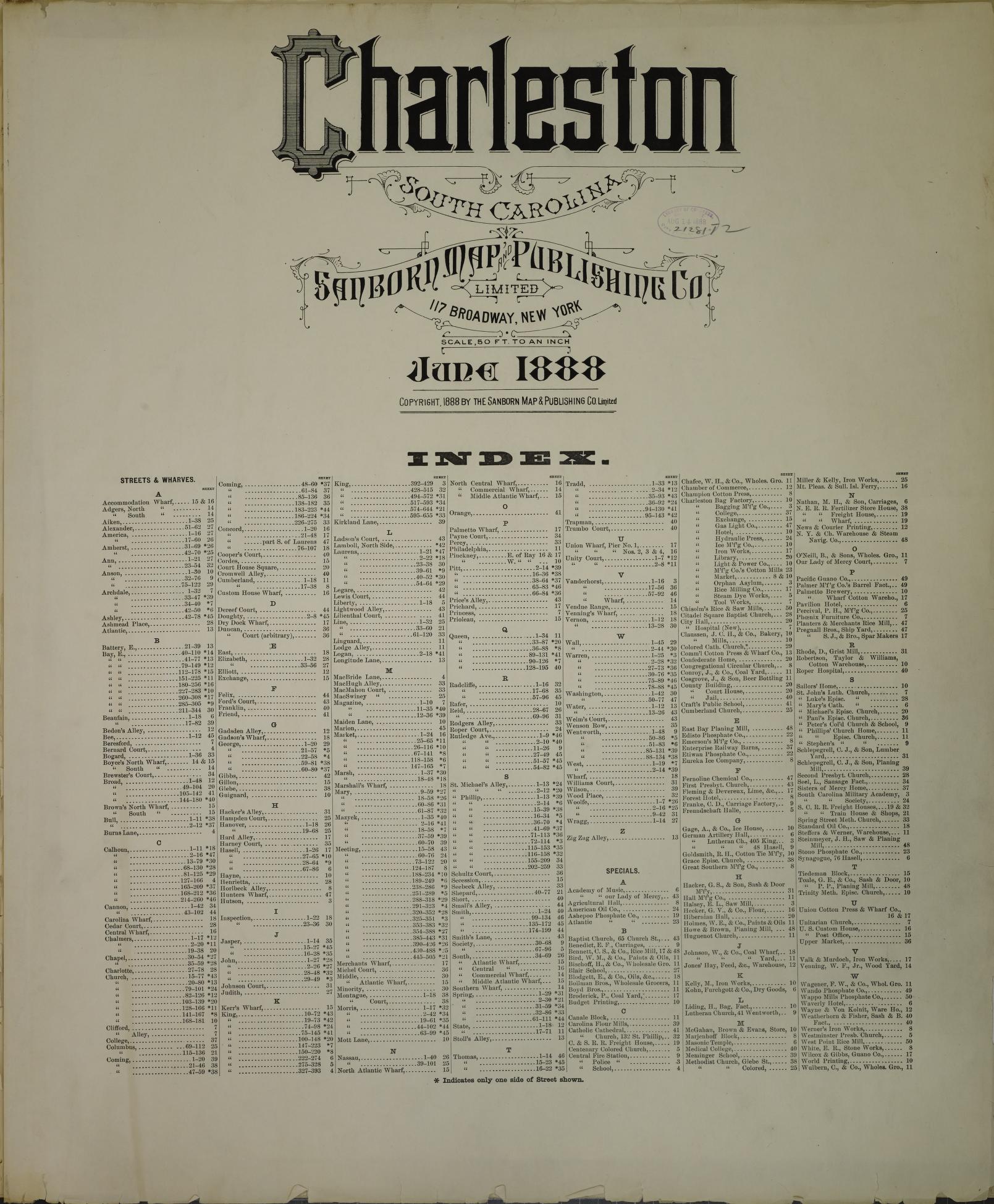 Sanborn Fire Insurance Map from Charleston, Charleston County, South Carolina (1888), Sheet #0001 - Historic Sanborn Fire Insurance Map Print, vintage old map wall art, antique decor, genealogy gift, South Carolina South Carolina map