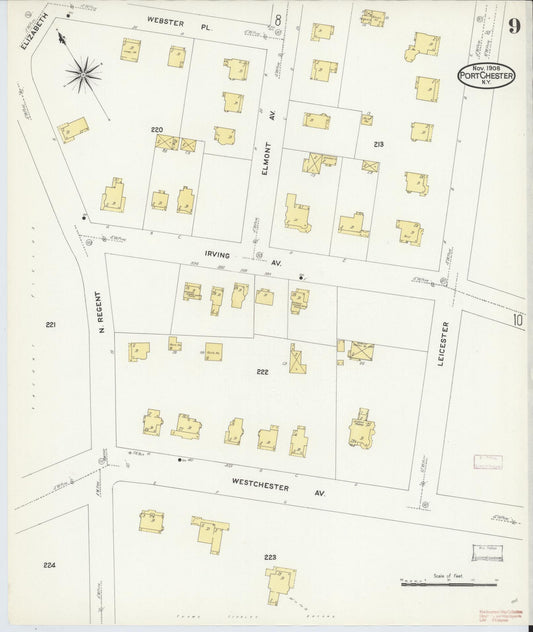 Sanborn Fire Insurance Map from Port Chester, Westchester County, New York (1908), Sheet #0009 - Historic Sanborn Fire Insurance Map Print, vintage old map wall art, antique decor, genealogy gift, New York New York map