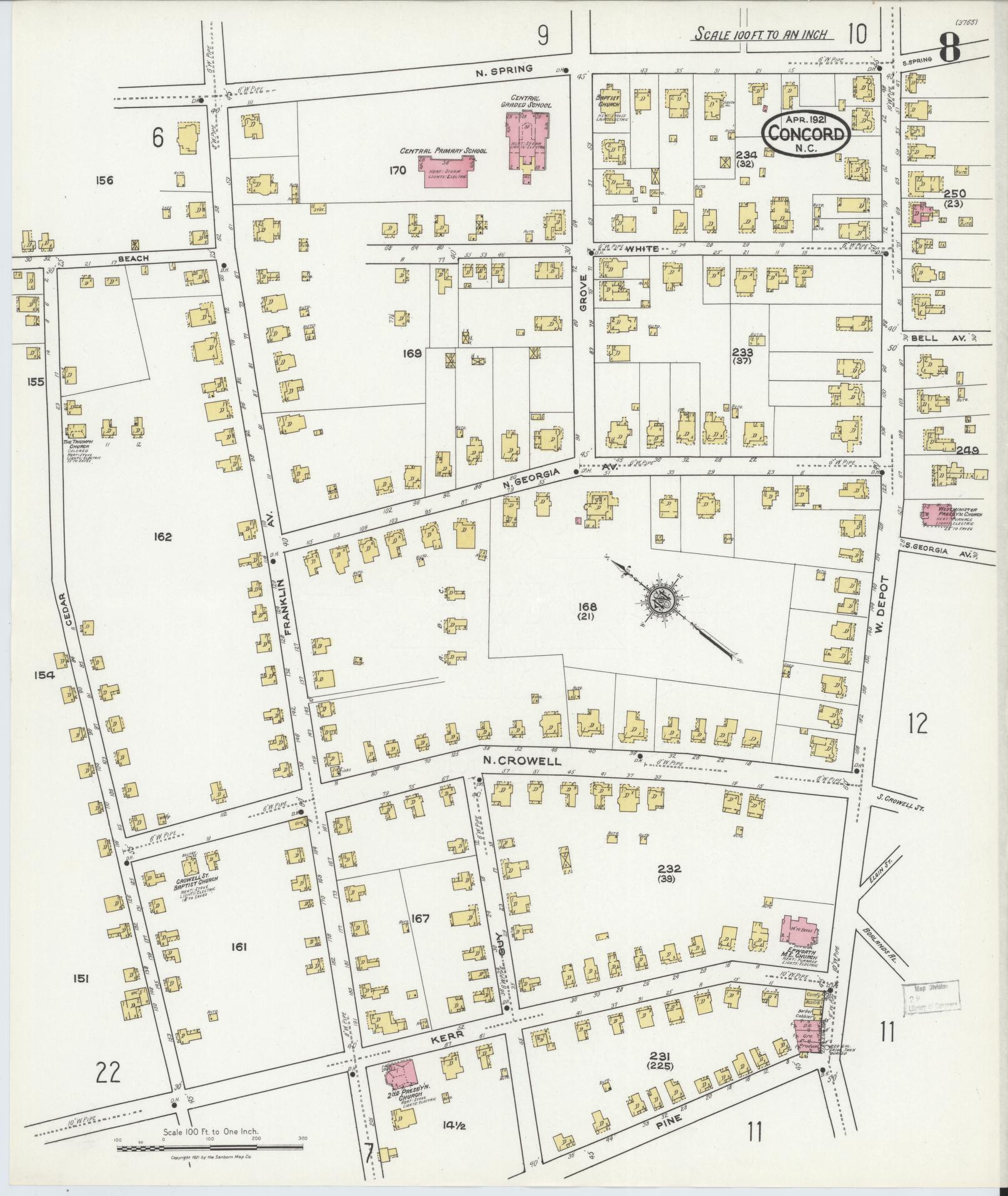 Sanborn Fire Insurance Map from Concord, Cabarrus County, North Carolina (1921), Sheet #0008 - Complete Map Set gallery image, historic Sanborn map, vintage wall art, North Carolina North Carolina
