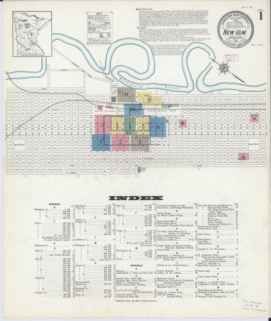 Sanborn Fire Insurance Map from New Ulm, Brown County, Minnesota (1913), Sheet #0001 - Historic Sanborn Fire Insurance Map Print, vintage old map wall art, antique decor, genealogy gift, Minnesota Minnesota map