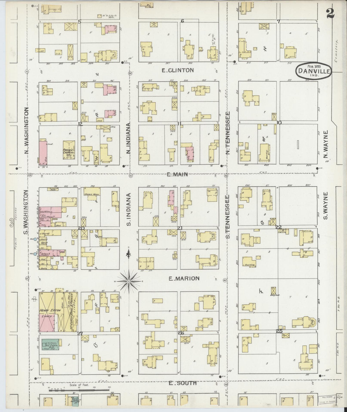 Sanborn Fire Insurance Map from Danville, Hendricks County, Indiana (1893), Sheet #0002 - Historic Sanborn Fire Insurance Map Print, vintage old map wall art, antique decor, genealogy gift, Indiana Indiana map