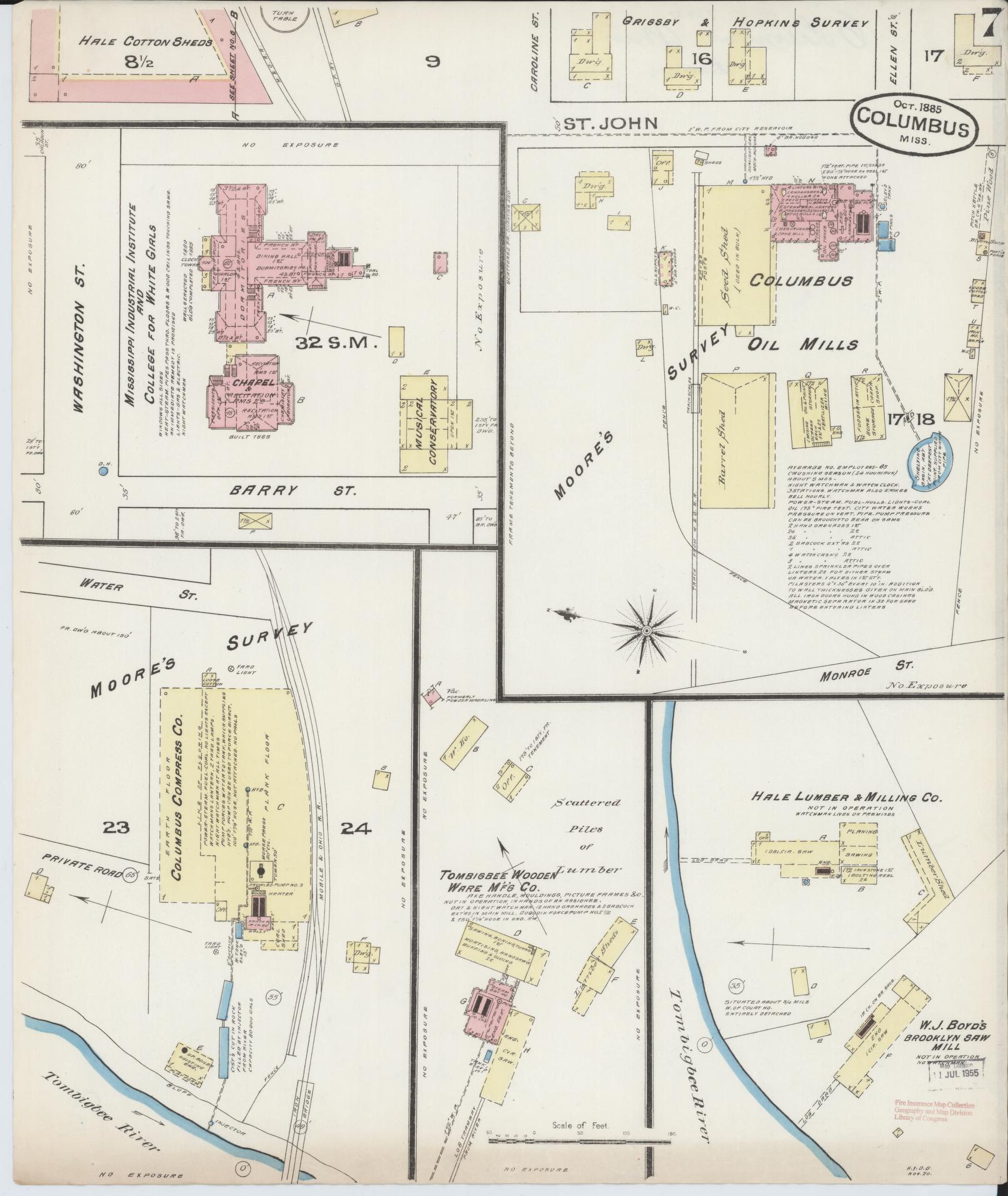 Sanborn Fire Insurance Map from Columbus, Lowndes County, Mississippi (1885), Sheet #0007 - Complete Map Set gallery image, historic Sanborn map, vintage wall art, Mississippi Mississippi