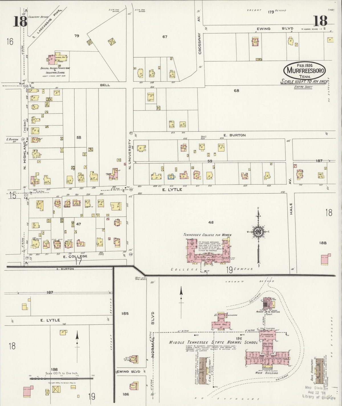 Sanborn Fire Insurance Map from Murfreesboro, Rutherford County, Tennessee (1924), Sheet #0018 - Complete Map Set gallery image, historic Sanborn map, vintage wall art, Tennessee Tennessee