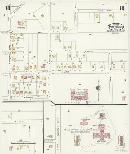Sanborn Fire Insurance Map from Murfreesboro, Rutherford County, Tennessee (1924), Sheet #0018 - Complete Map Set gallery image, historic Sanborn map, vintage wall art, Tennessee Tennessee