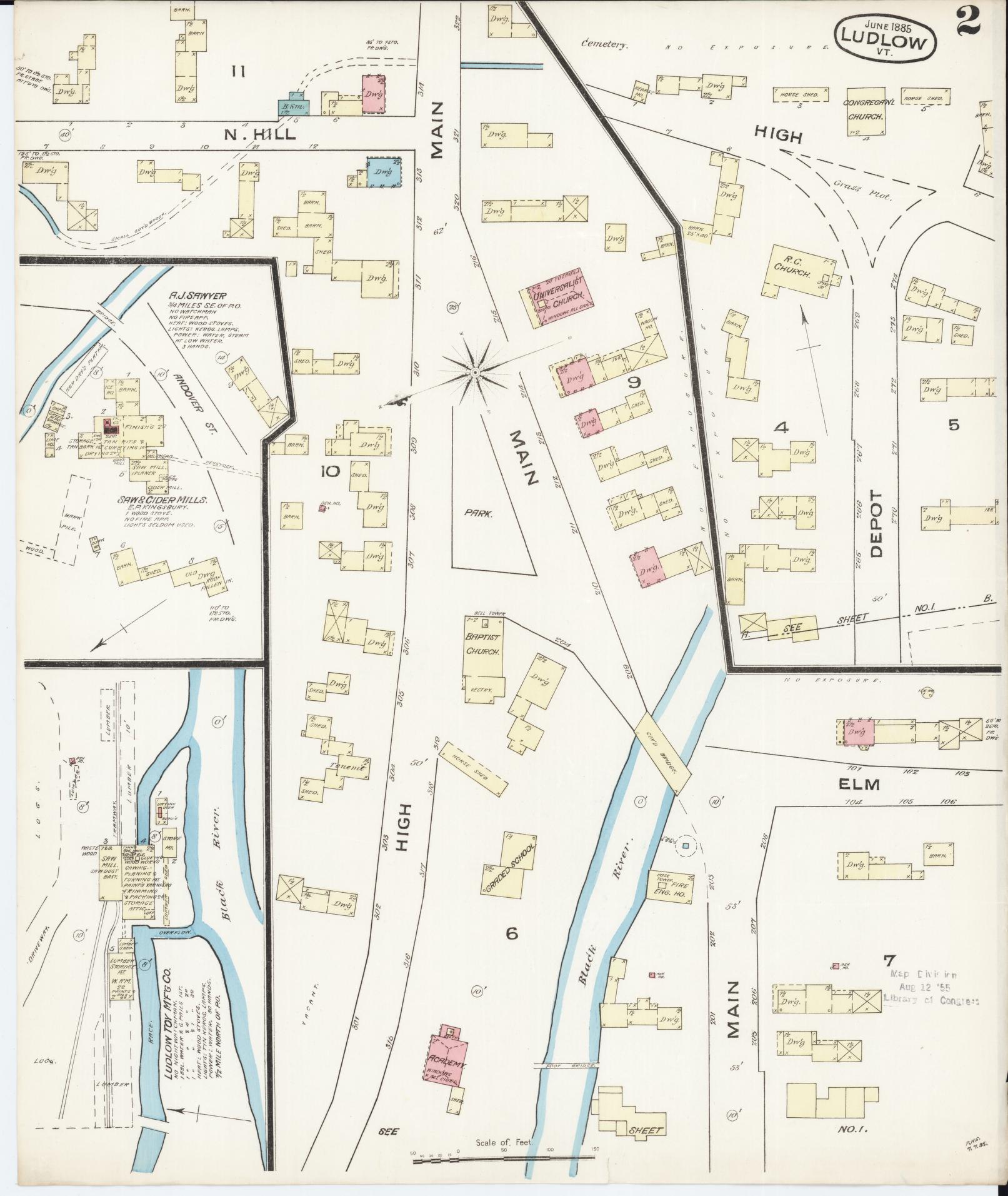 Sanborn Fire Insurance Map from Ludlow, Windsor County, Vermont (1885), Sheet #0002 - Complete Map Set gallery image, historic Sanborn map, vintage wall art, Vermont Vermont