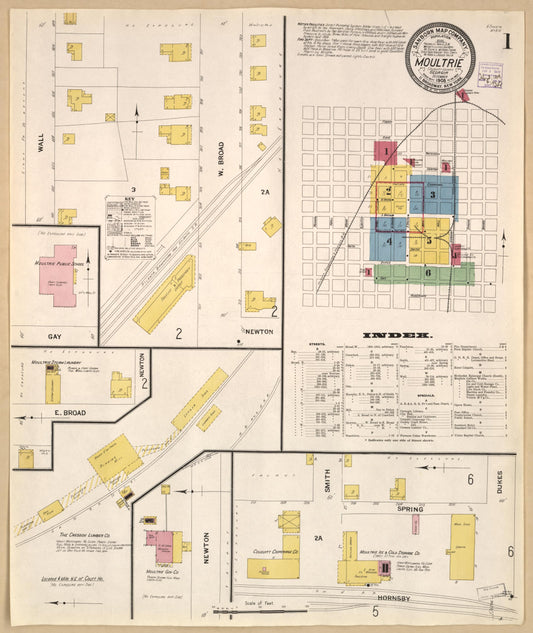 Sanborn Fire Insurance Map from Moultrie, Colquitt County, Georgia (1908), Sheet #0001 - Historic Sanborn Fire Insurance Map Print, vintage old map wall art, antique decor, genealogy gift, Georgia Georgia map