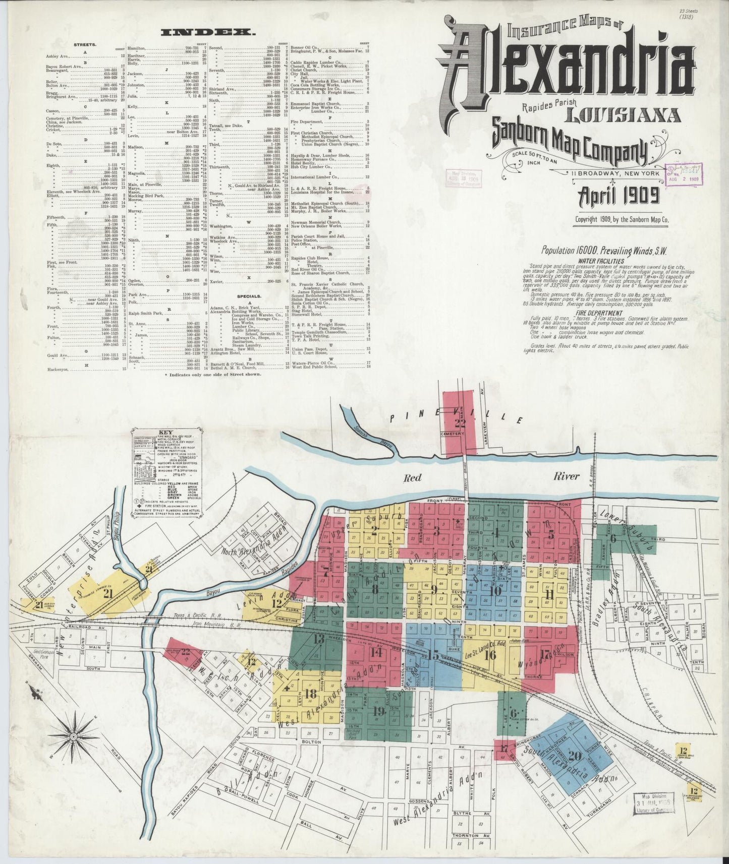 Sanborn Fire Insurance Map from Alexandria, Rapides Parish, Louisiana (1909), Sheet #0001 - Historic Sanborn Fire Insurance Map Print, vintage old map wall art, antique decor, genealogy gift, Louisiana Louisiana map