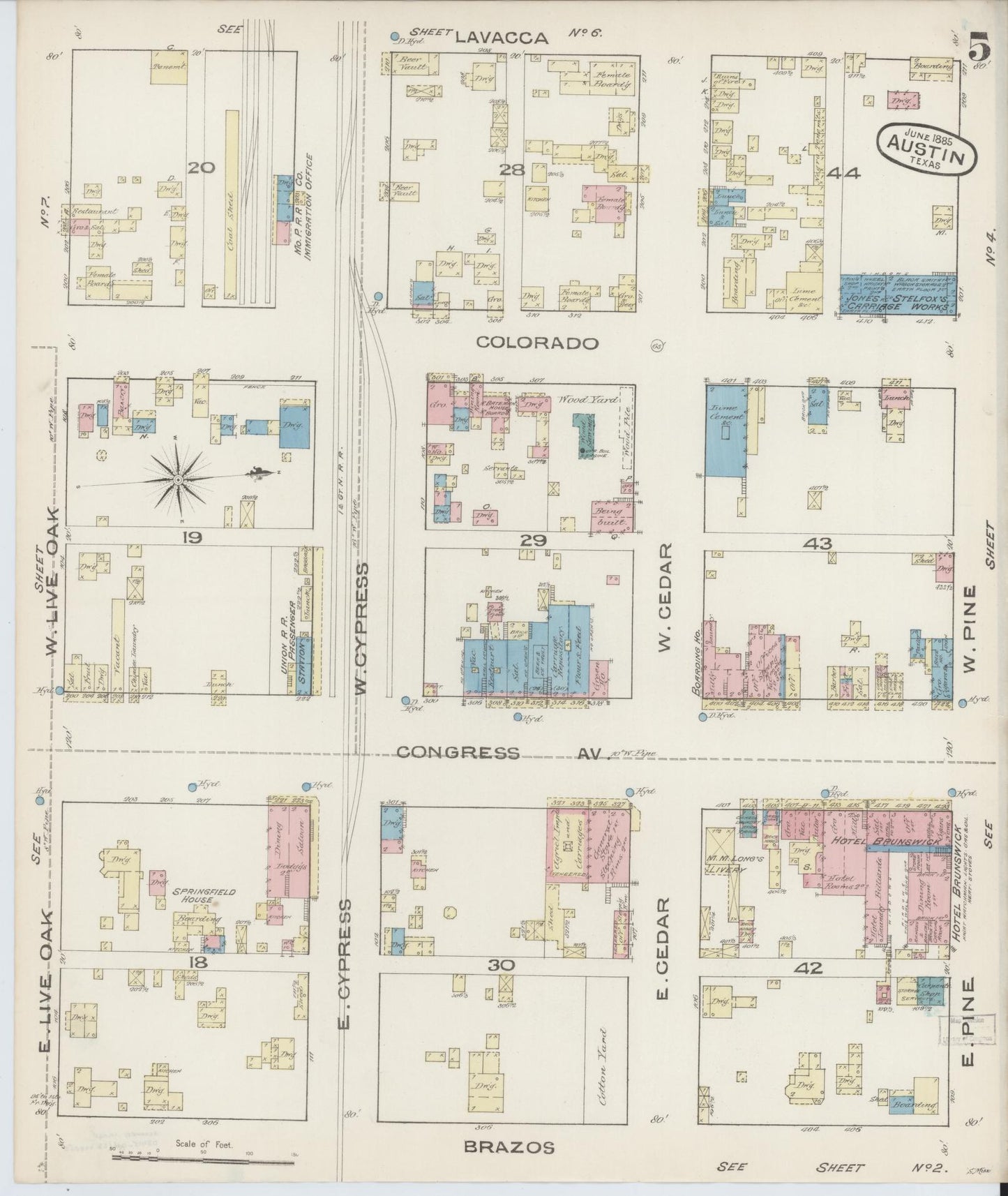 Sanborn Fire Insurance Map from Austin, Travis County, Texas (1885), Sheet #0005 - Historic Sanborn Fire Insurance Map Print, vintage old map wall art, antique decor, genealogy gift, Texas Texas map