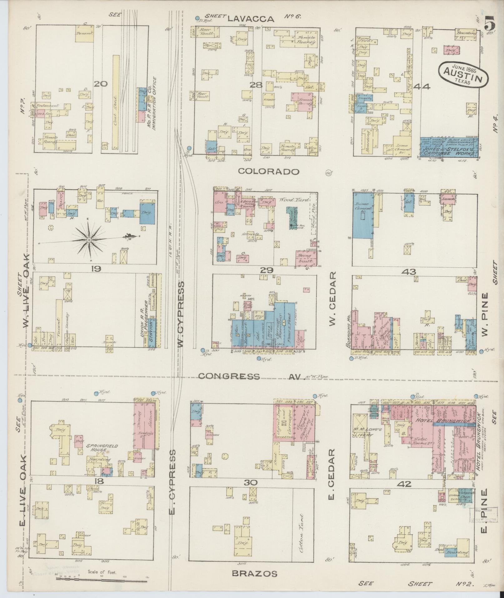 Sanborn Fire Insurance Map from Austin, Travis County, Texas (1885), Sheet #0005 - Historic Sanborn Fire Insurance Map Print, vintage old map wall art, antique decor, genealogy gift, Texas Texas map