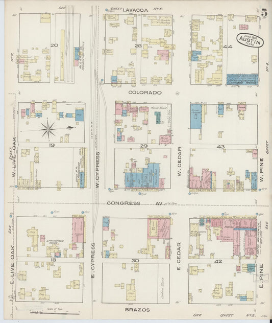 Sanborn Fire Insurance Map from Austin, Travis County, Texas (1885), Sheet #0005 - Historic Sanborn Fire Insurance Map Print, vintage old map wall art, antique decor, genealogy gift, Texas Texas map
