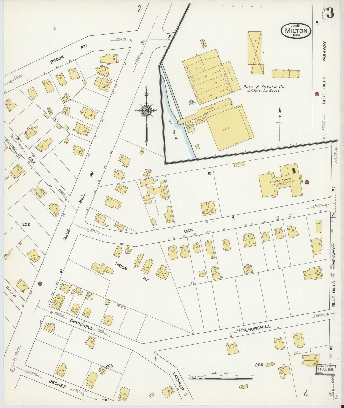Sanborn Fire Insurance Map from Milton, Norfolk County, Massachusetts (1911), Sheet #0003 - Historic Sanborn Fire Insurance Map Print, vintage old map wall art, antique decor, genealogy gift, Massachusetts Massachusetts map