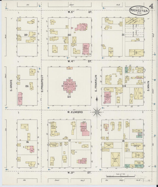 Sanborn Fire Insurance Map from Rochester, Olmsted County, Minnesota (1890), Sheet #0004 - Historic Sanborn Fire Insurance Map Print, vintage old map wall art, antique decor, genealogy gift, Minnesota Minnesota map