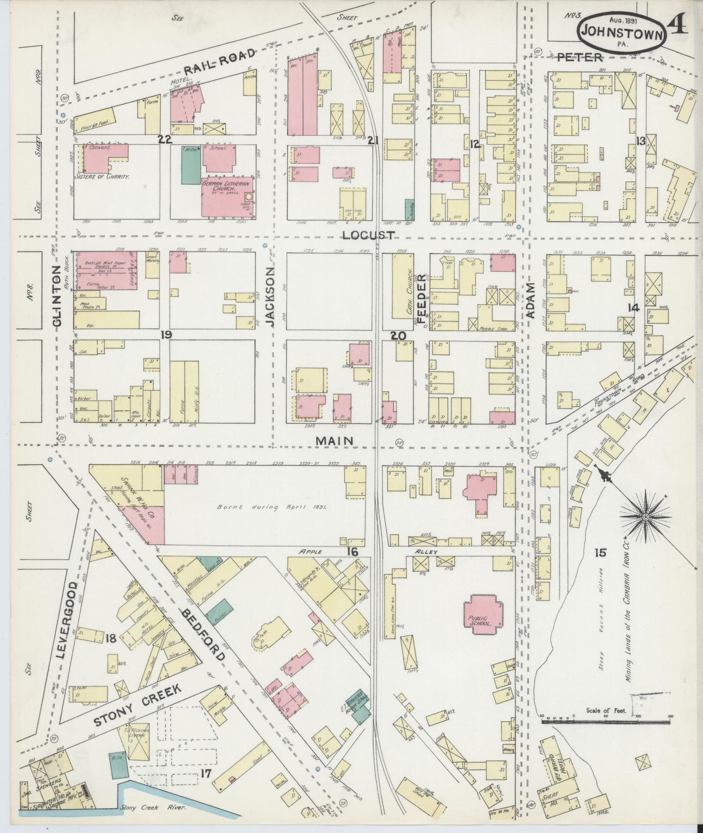 Sanborn Fire Insurance Map from Johnstown, Cambria County, Pennsylvania (1891), Sheet #0004 - Historic Sanborn Fire Insurance Map Print, vintage old map wall art, antique decor, genealogy gift, Pennsylvania Pennsylvania map