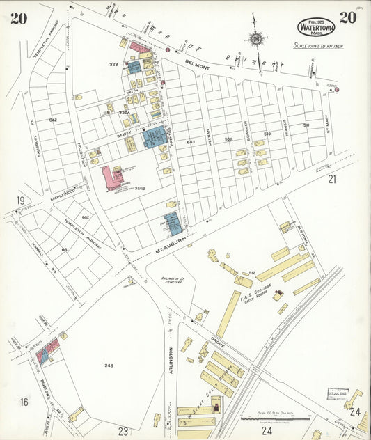 Sanborn Fire Insurance Map from Watertown, Middlesex County, Massachusetts (1923), Sheet #0020 - Historic Sanborn Fire Insurance Map Print, vintage old map wall art, antique decor, genealogy gift, Massachusetts Massachusetts map