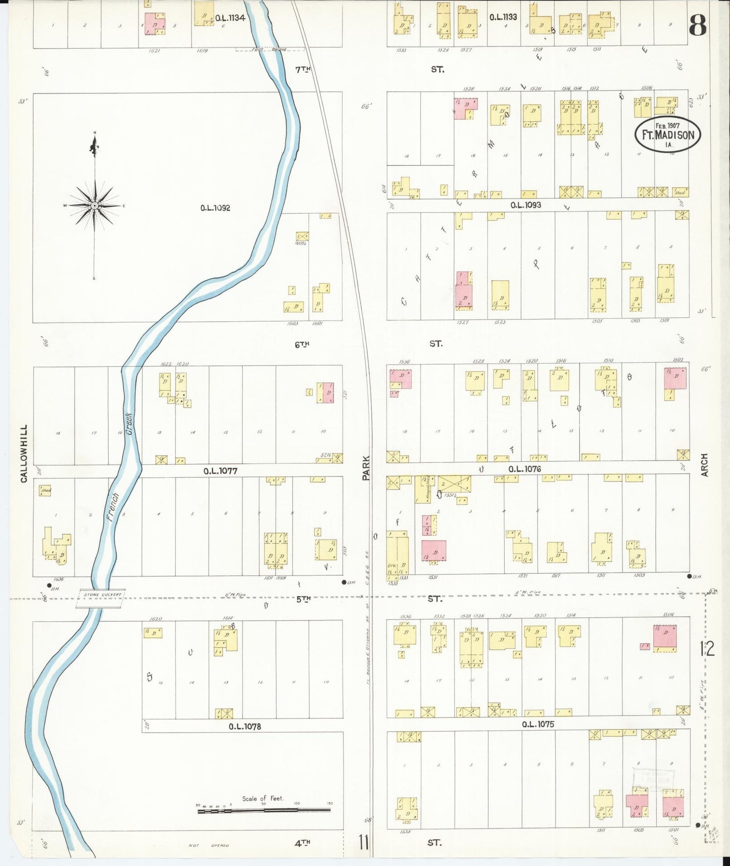Sanborn Fire Insurance Map from Fort Madison, Lee County, Iowa (1907), Sheet #0008 - Historic Sanborn Fire Insurance Map Print, vintage old map wall art