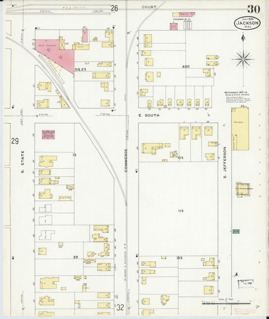 Sanborn Fire Insurance Map from Jackson, Hinds County, Mississippi (1909), Sheet #0030 - Historic Sanborn Fire Insurance Map Print, vintage old map wall art, antique decor, genealogy gift, Mississippi Mississippi map