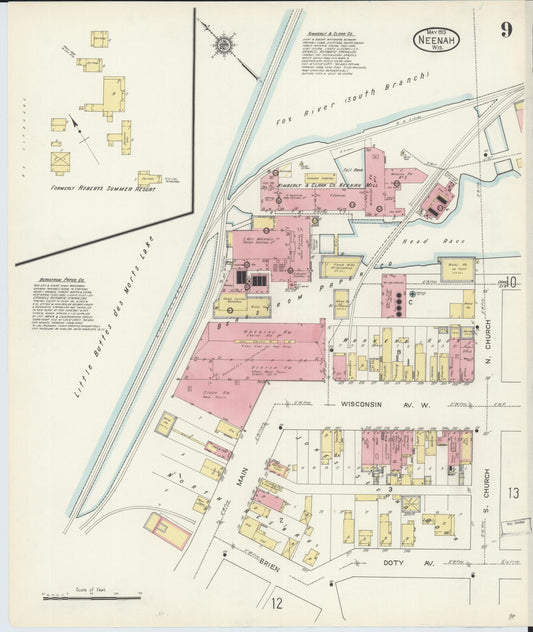 Sanborn Fire Insurance Map from Neenah, Winnebago County, Wisconsin (1913), Sheet #0009 - Historic Sanborn Fire Insurance Map Print, vintage old map wall art, antique decor, genealogy gift, Wisconsin Wisconsin map