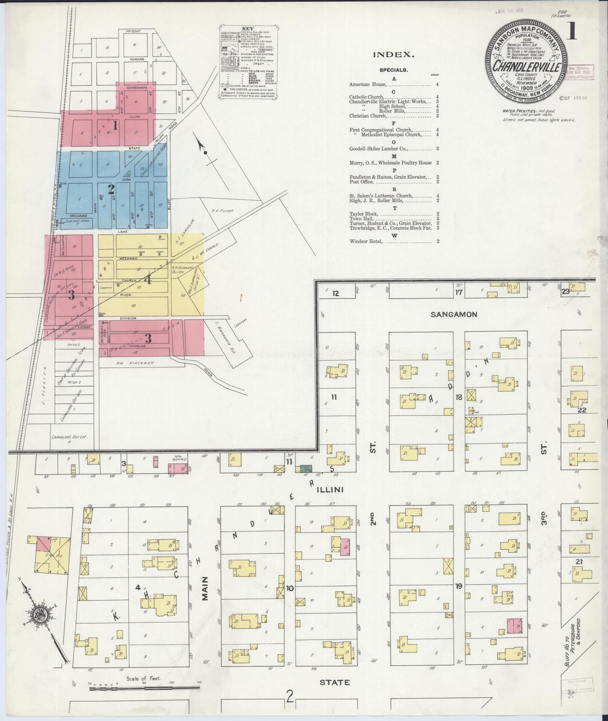 Sanborn Fire Insurance Map from Chandlerville, Cass County, Illinois (1909), Sheet #0001 - Historic Sanborn Fire Insurance Map Print, vintage old map wall art, antique decor, genealogy gift, Illinois Illinois map