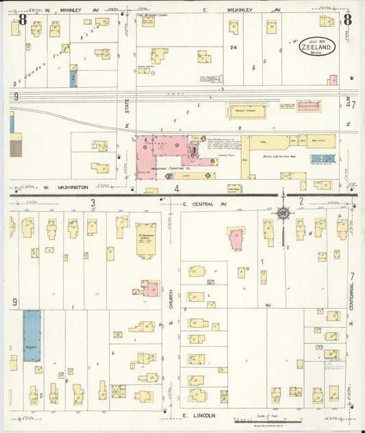 Sanborn Fire Insurance Map from Zeeland, Ottawa County, Michigan (1923), Sheet #0008 - Historic Sanborn Fire Insurance Map Print, vintage old map wall art, antique decor, genealogy gift, Michigan Michigan map