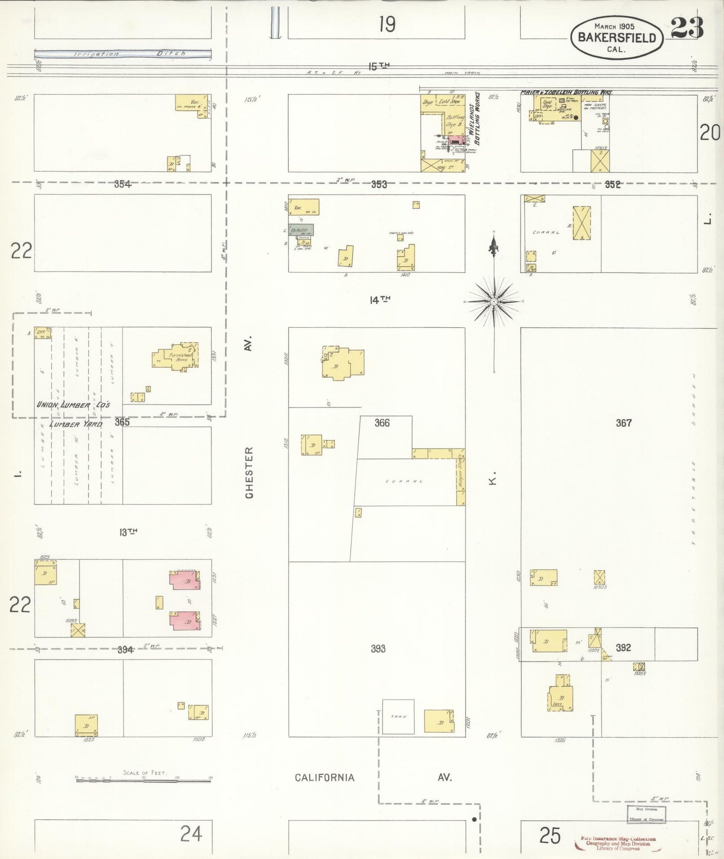 Sanborn Fire Insurance Map from Bakersfield, Kern County, California (1905), Sheet #0023 - Historic Sanborn Fire Insurance Map Print, vintage old map wall art, antique decor, genealogy gift, California California map