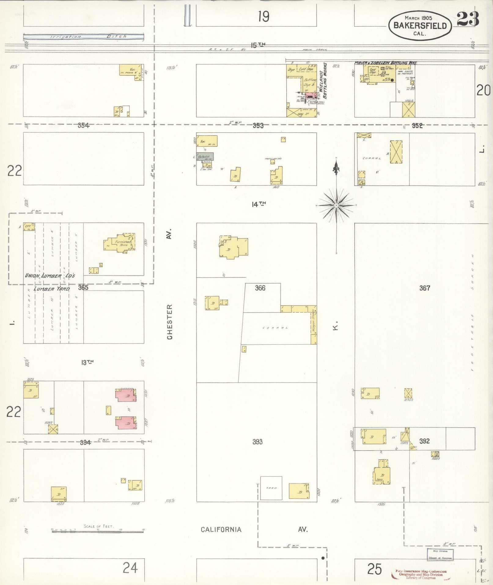 Sanborn Fire Insurance Map from Bakersfield, Kern County, California (1905), Sheet #0023 - Historic Sanborn Fire Insurance Map Print, vintage old map wall art, antique decor, genealogy gift, California California map