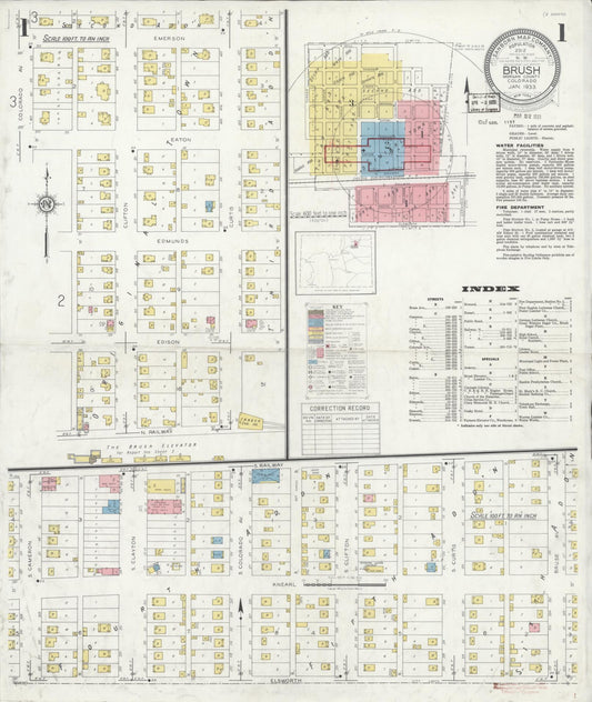 Sanborn Fire Insurance Map from Brush, Morgan County, Colorado (1933), Sheet #0001 - Historic Sanborn Fire Insurance Map Print, vintage old map wall art, antique decor, genealogy gift, Colorado Colorado map