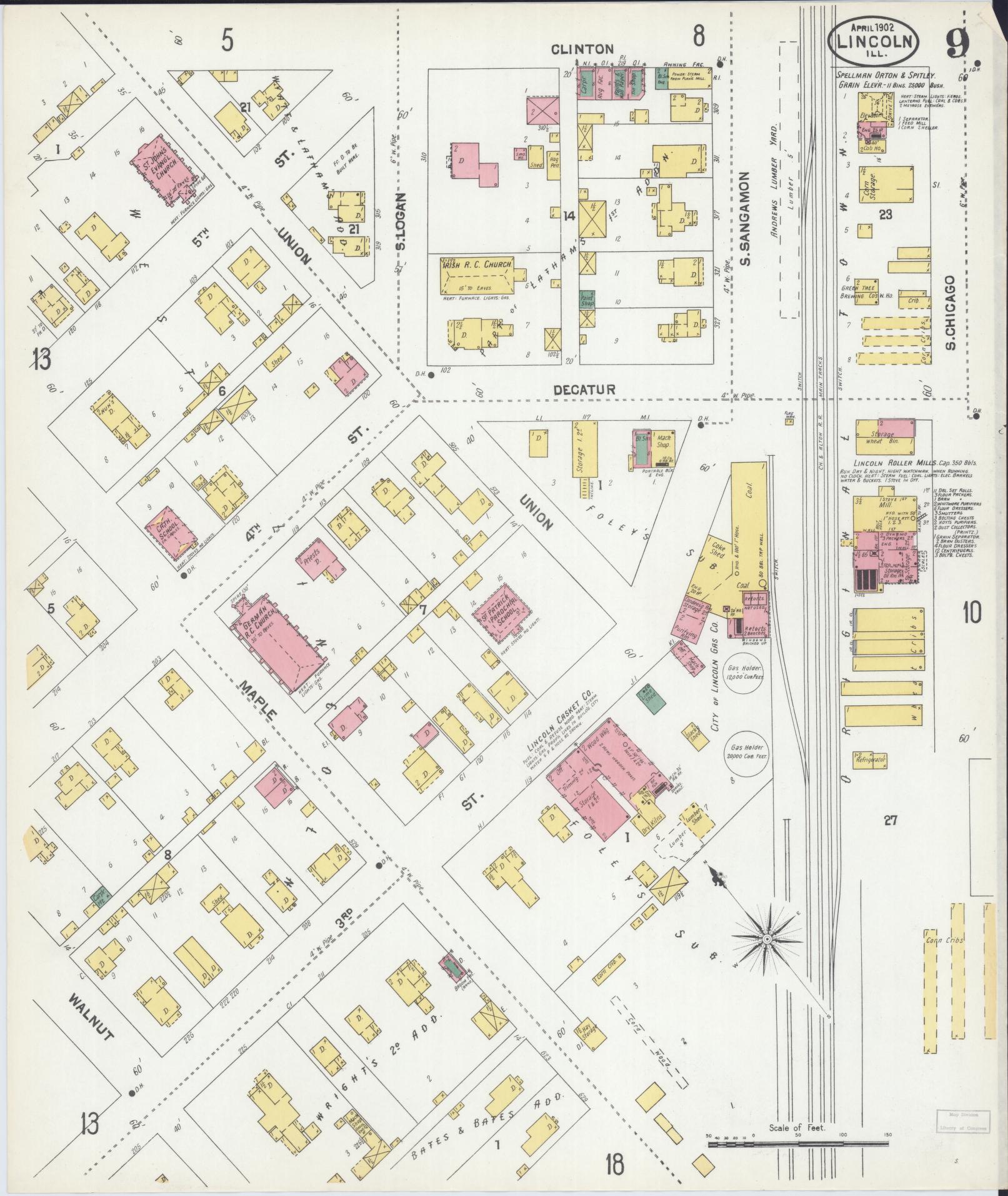 Sanborn Fire Insurance Map from Lincoln, Logan County, Illinois (1902), Sheet #0009 - Historic Sanborn Fire Insurance Map Print, vintage old map wall art, antique decor, genealogy gift, Illinois Illinois map