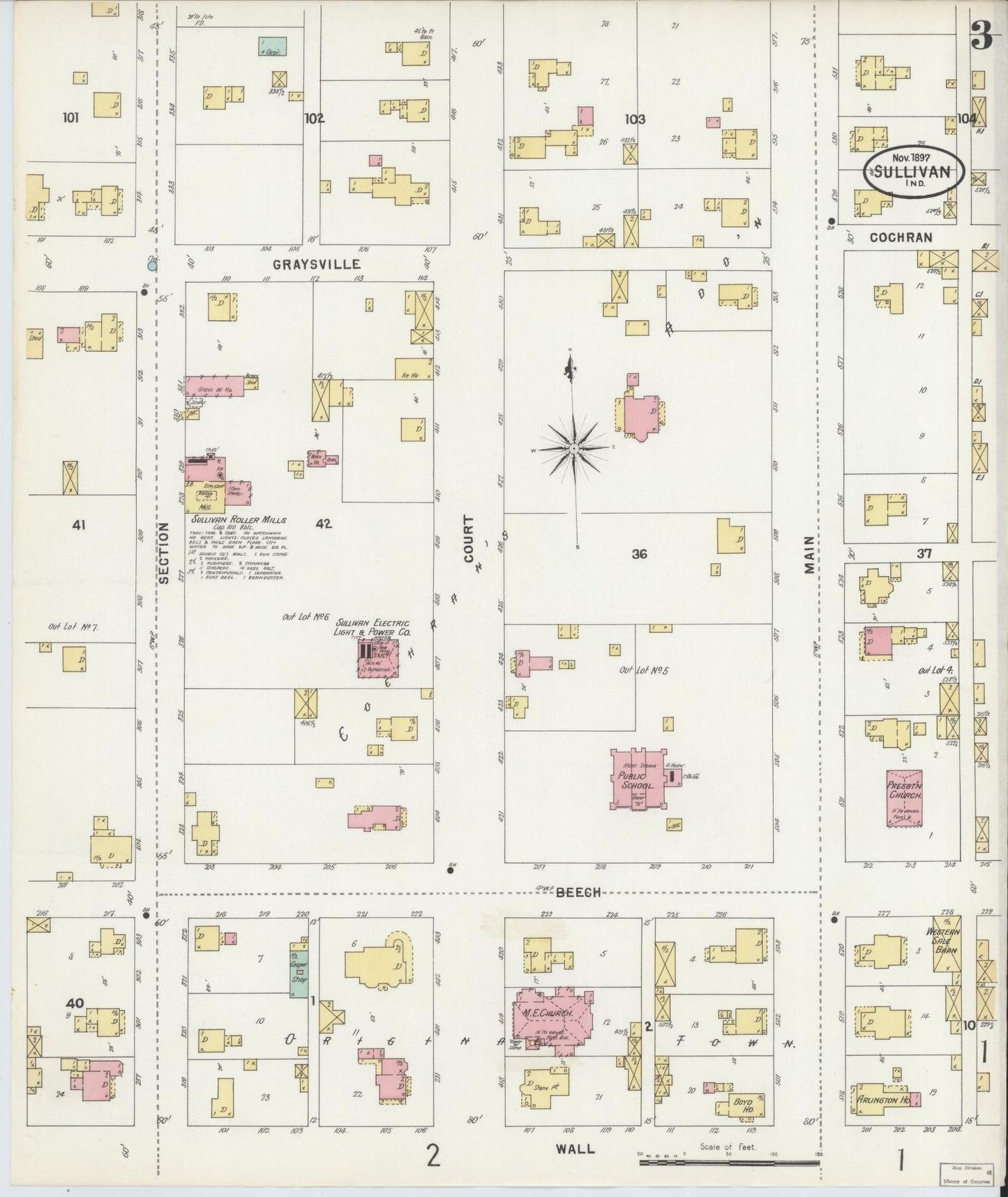 Sanborn Fire Insurance Map from Sullivan, Sullivan County, Indiana (1897), Sheet #0003 - Historic Sanborn Fire Insurance Map Print, vintage old map wall art, antique decor, genealogy gift, Indiana Indiana map