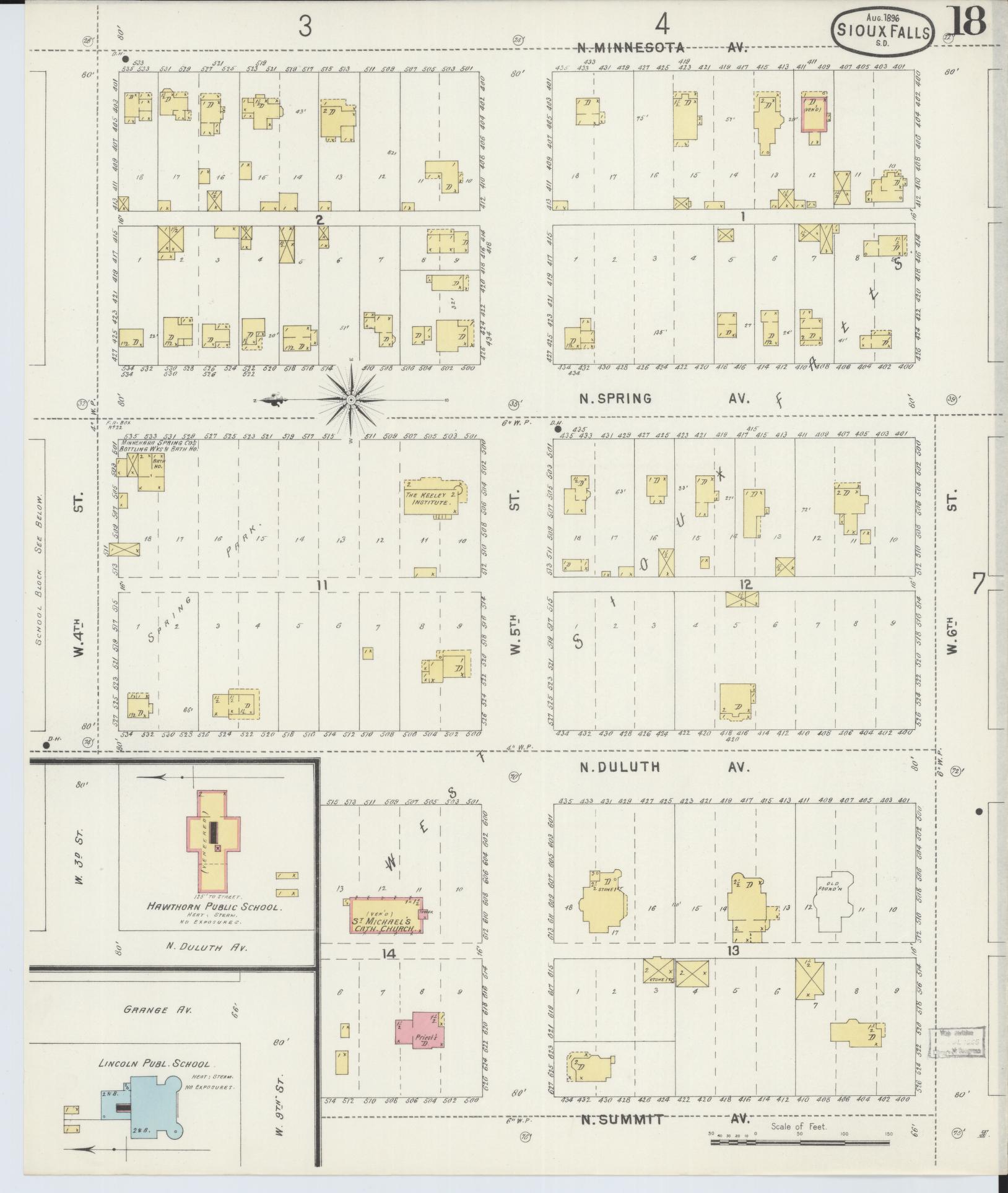Sanborn Fire Insurance Map from Sioux Falls, Minnehaha County, South Dakota (1896), Sheet #0018 - Historic Sanborn Fire Insurance Map Print, vintage old map wall art, antique decor, genealogy gift, South Dakota South Dakota map