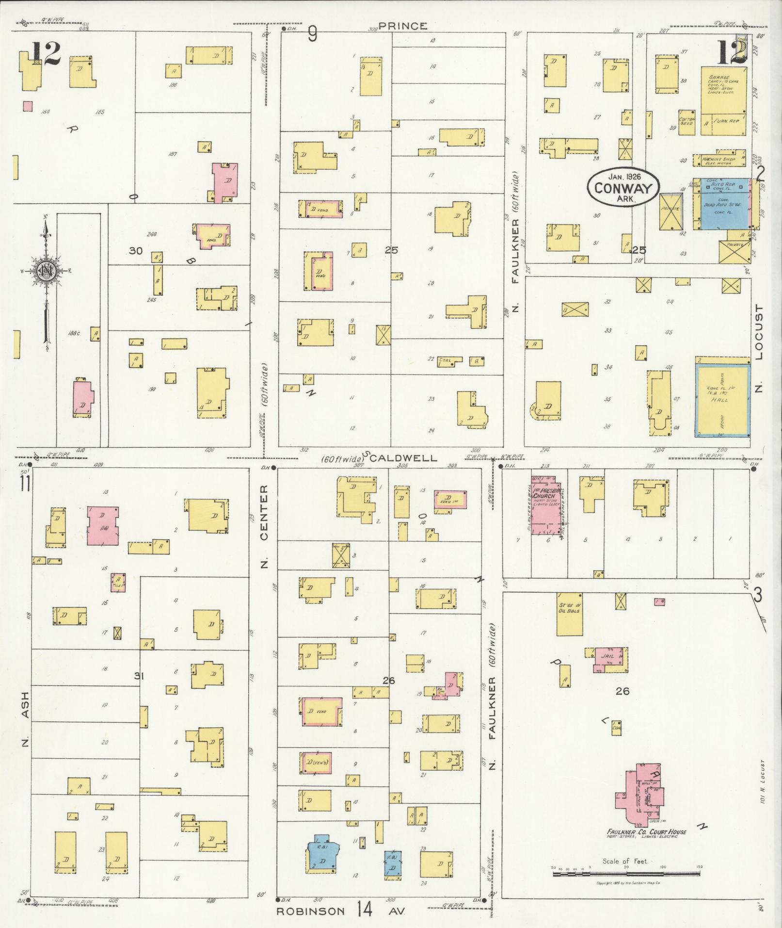 Sanborn Fire Insurance Map from Conway, Faulkner County, Arkansas (1926), Sheet #0012 - Historic Sanborn Fire Insurance Map Print, vintage old map wall art, antique decor, genealogy gift, Arkansas Arkansas map