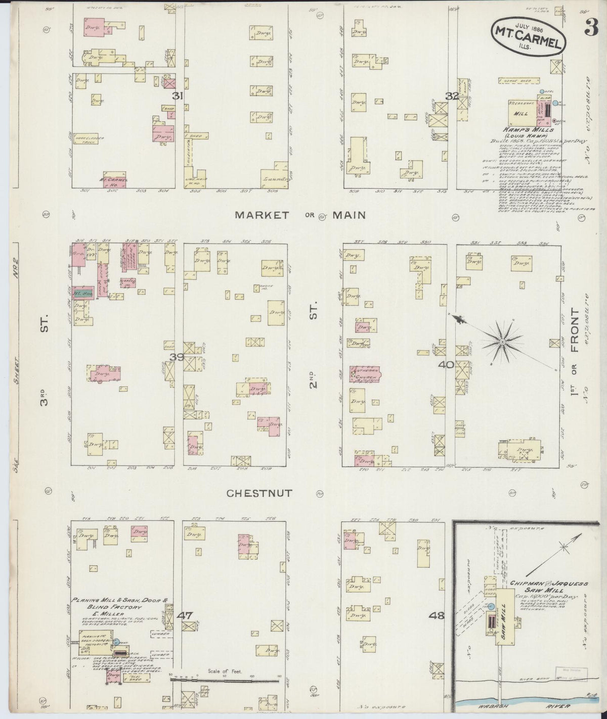 Sanborn Fire Insurance Map from Mount Carmel, Wabash County, Illinois (1886), Sheet #0003 - Historic Sanborn Fire Insurance Map Print, vintage old map wall art, antique decor, genealogy gift, Illinois Illinois map