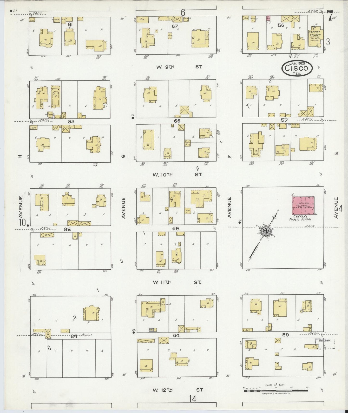 Sanborn Fire Insurance Map from Cisco, Eastland County, Texas (1920), Sheet #0007 - Complete Map Set gallery image, historic Sanborn map, vintage wall art, Texas Texas