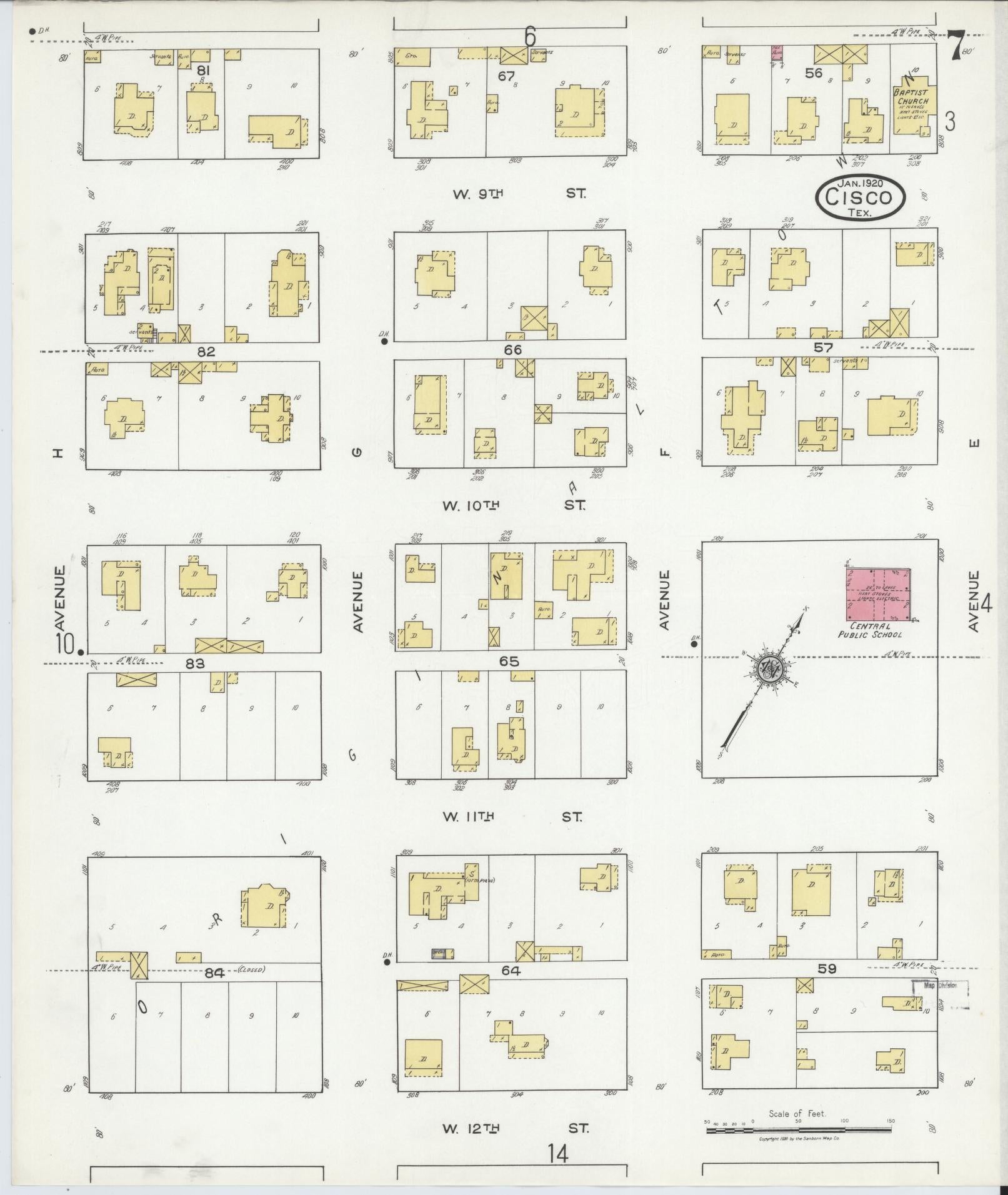 Sanborn Fire Insurance Map from Cisco, Eastland County, Texas (1920), Sheet #0007 - Complete Map Set gallery image, historic Sanborn map, vintage wall art, Texas Texas