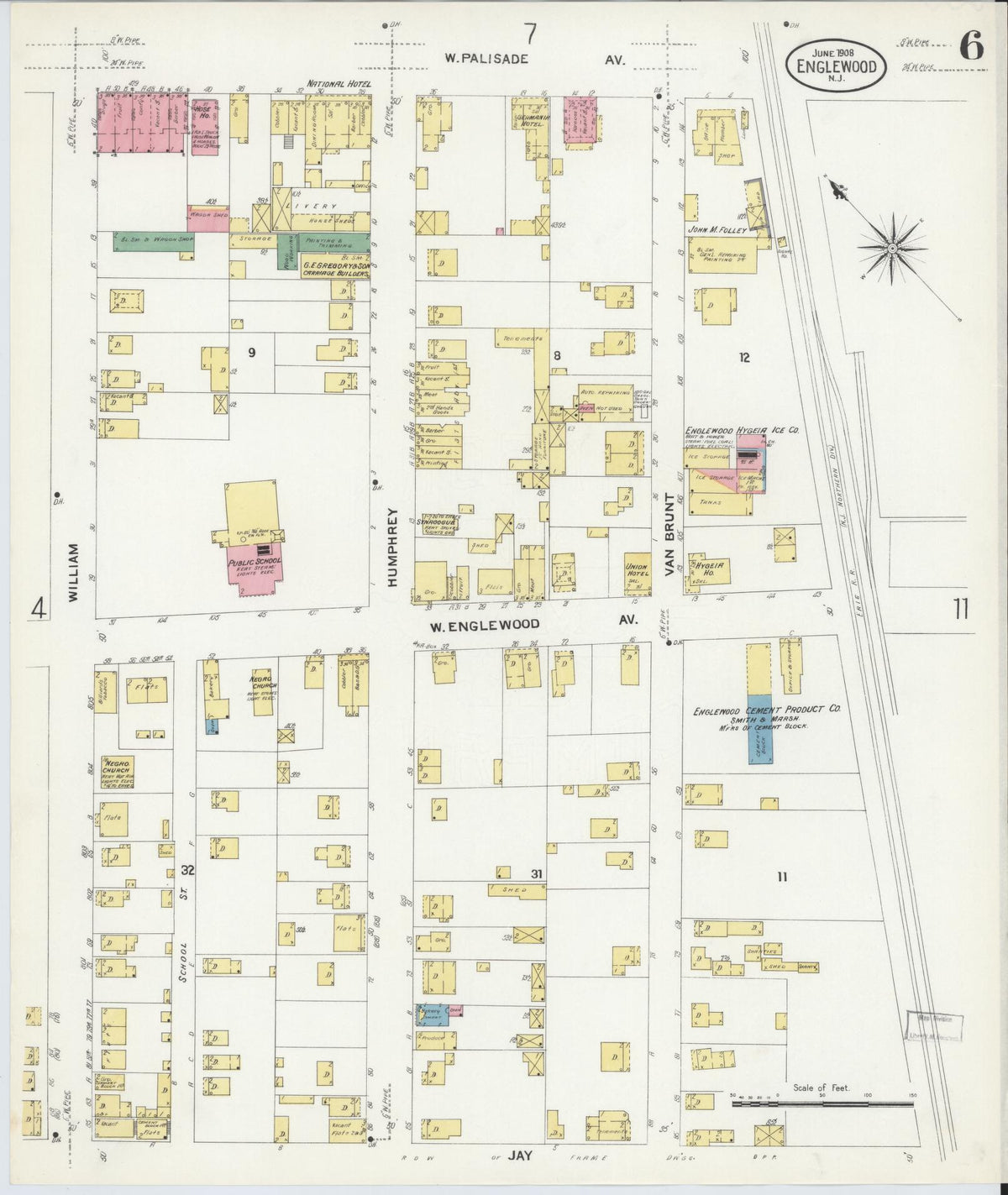 Sanborn Fire Insurance Map from Englewood, Bergen County, New Jersey (1908), Sheet #0006 - Historic Sanborn Fire Insurance Map Print, vintage old map wall art, antique decor, genealogy gift, New Jersey New Jersey map