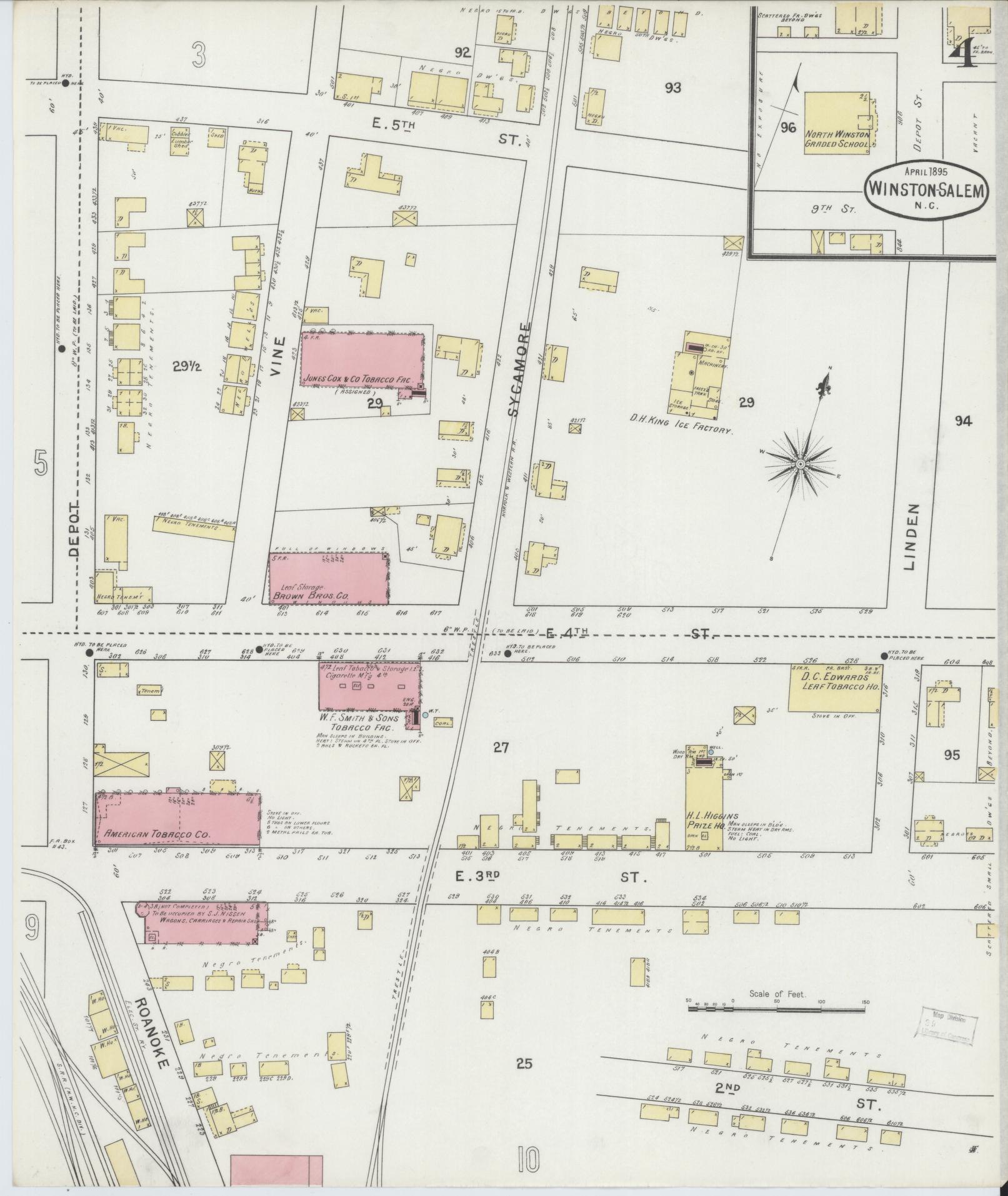 Sanborn Fire Insurance Map from Winston-Salem, Forsyth County, North Carolina (1895), Sheet #0004 - Complete Map Set gallery image, historic Sanborn map, vintage wall art, North Carolina North Carolina