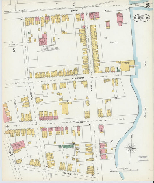 Sanborn Fire Insurance Map from Burlington, Burlington County, New Jersey (1902), Sheet #0003 - Historic Sanborn Fire Insurance Map Print, vintage old map wall art, antique decor, genealogy gift, New Jersey New Jersey map