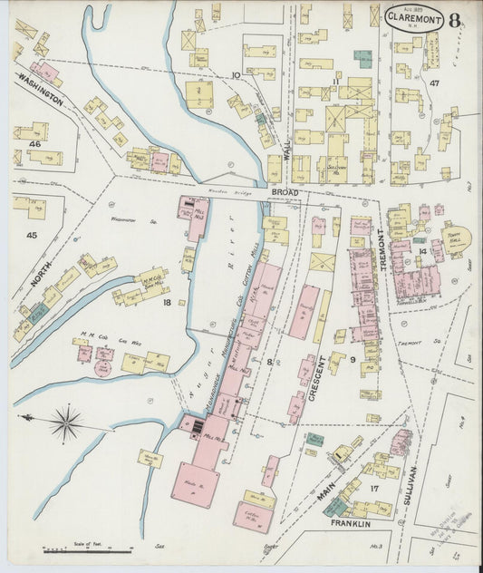 Sanborn Fire Insurance Map from Claremont, Sullivan County, New Hampshire (1889), Sheet #0008 - Historic Sanborn Fire Insurance Map Print, vintage old map wall art, antique decor, genealogy gift, New Hampshire New Hampshire map