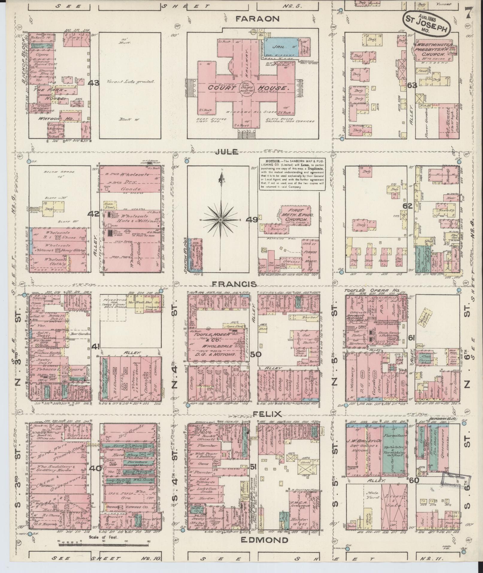 Sanborn Fire Insurance Map from Saint Joseph, Buchanan County, Missouri (1883), Sheet #0007 - Historic Sanborn Fire Insurance Map Print, vintage old map wall art, antique decor, genealogy gift, Missouri Missouri map