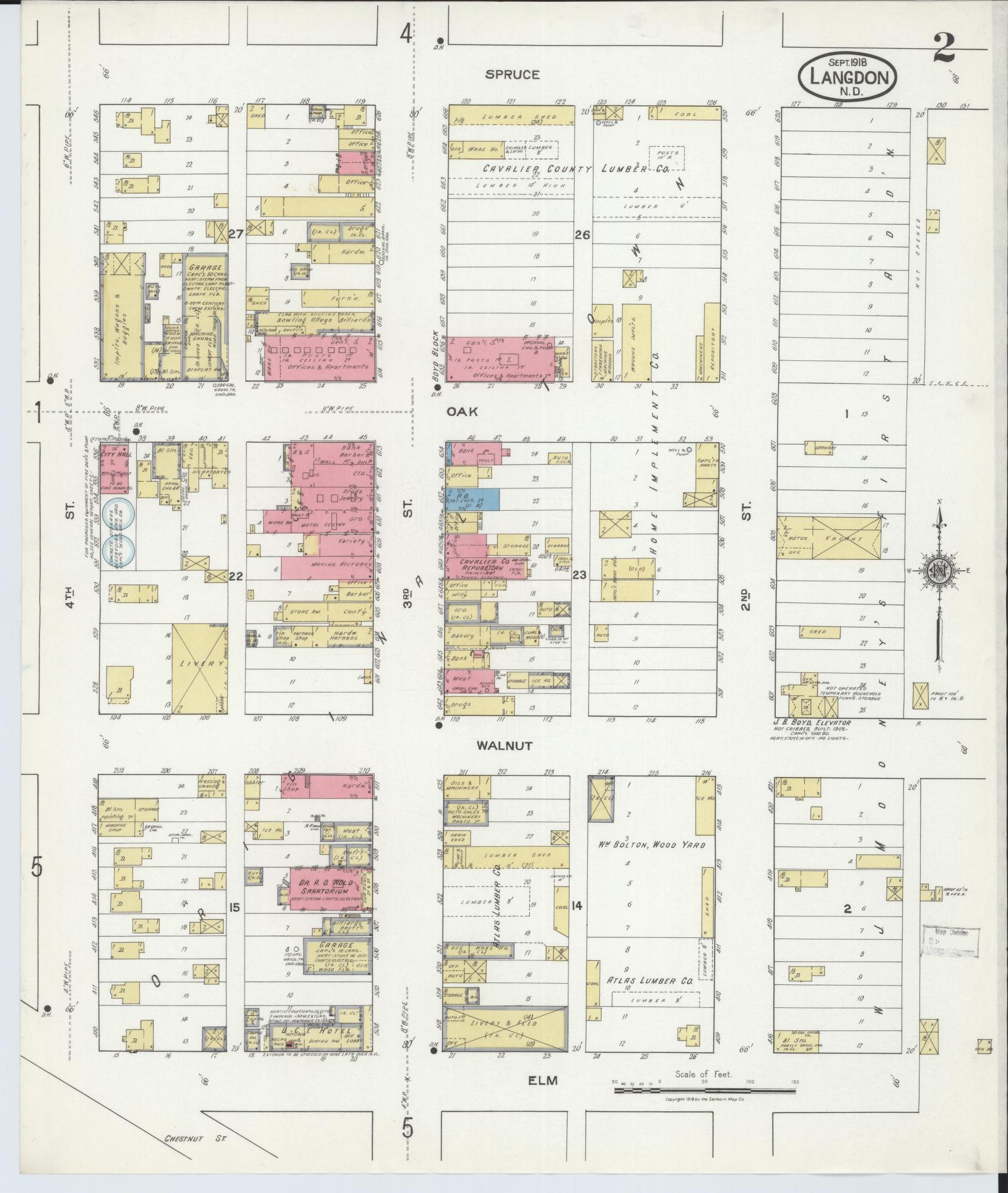 Sanborn Fire Insurance Map from Langdon, Cavalier County, North Dakota (1918), Sheet #0002 - Historic Sanborn Fire Insurance Map Print, vintage old map wall art, antique decor, genealogy gift, North Dakota North Dakota map