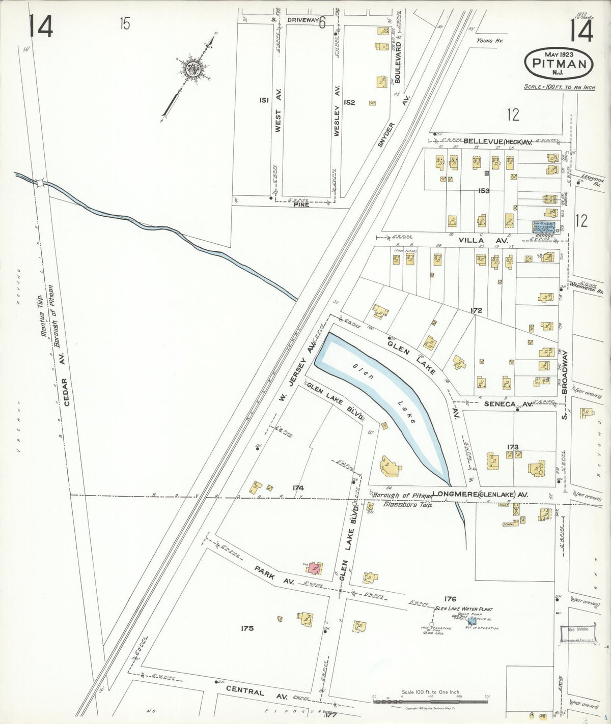 Sanborn Fire Insurance Map from Pitman, Gloucester County, New Jersey (1923), Sheet #0014 - Historic Sanborn Fire Insurance Map Print, vintage old map wall art, antique decor, genealogy gift, New Jersey New Jersey map