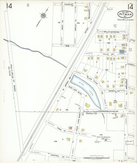 Sanborn Fire Insurance Map from Pitman, Gloucester County, New Jersey (1923), Sheet #0014 - Historic Sanborn Fire Insurance Map Print, vintage old map wall art, antique decor, genealogy gift, New Jersey New Jersey map