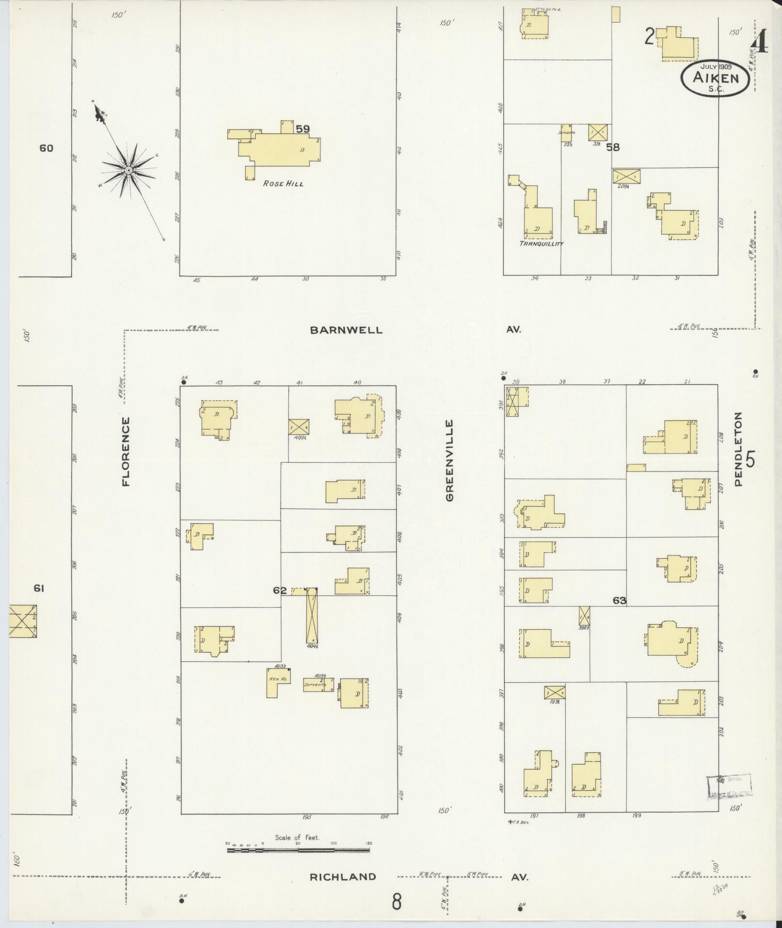 Sanborn Fire Insurance Map from Aiken, Aiken County, South Carolina (1909), Sheet #0004 - Complete Map Set gallery image, historic Sanborn map, vintage wall art, South Carolina South Carolina