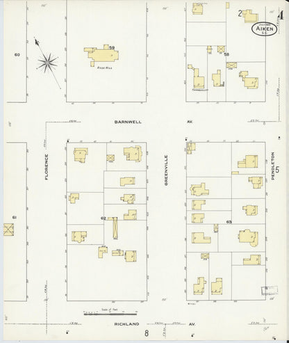 Sanborn Fire Insurance Map from Aiken, Aiken County, South Carolina (1909), Sheet #0004 - Complete Map Set gallery image, historic Sanborn map, vintage wall art, South Carolina South Carolina