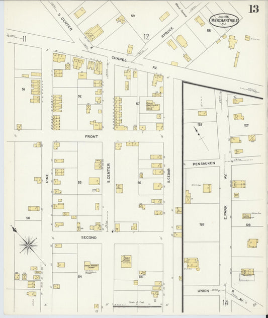Sanborn Fire Insurance Map from Merchantville, Camden County, New Jersey (1908), Sheet #0013 - Historic Sanborn Fire Insurance Map Print, vintage old map wall art, antique decor, genealogy gift, New Jersey New Jersey map