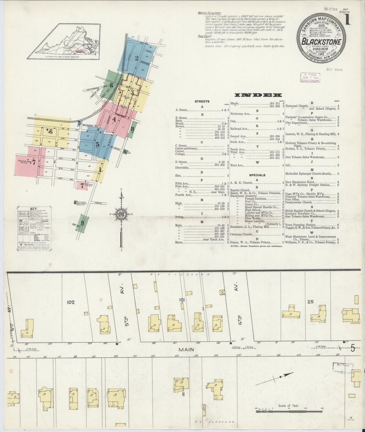 Sanborn Fire Insurance Map from Blackstone, Nottoway County, Virginia (1913), Sheet #0001 - Complete Map Set gallery image, historic Sanborn map, vintage wall art, Virginia Virginia