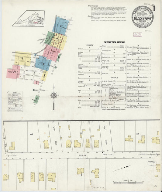 Sanborn Fire Insurance Map from Blackstone, Nottoway County, Virginia (1913), Sheet #0001 - Complete Map Set gallery image, historic Sanborn map, vintage wall art, Virginia Virginia