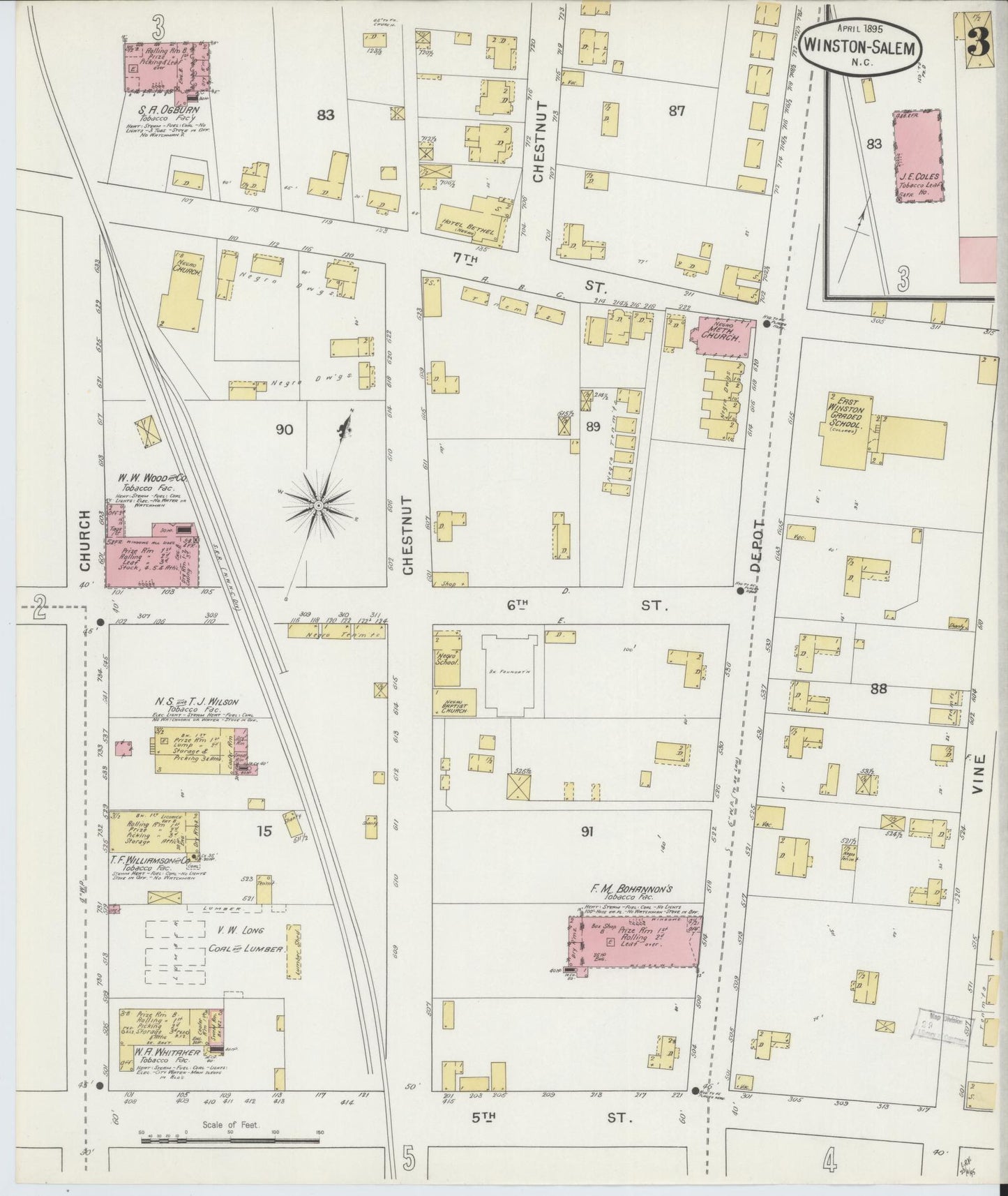Sanborn Fire Insurance Map from Winston-Salem, Forsyth County, North Carolina (1895), Sheet #0003 - Complete Map Set gallery image, historic Sanborn map, vintage wall art, North Carolina North Carolina