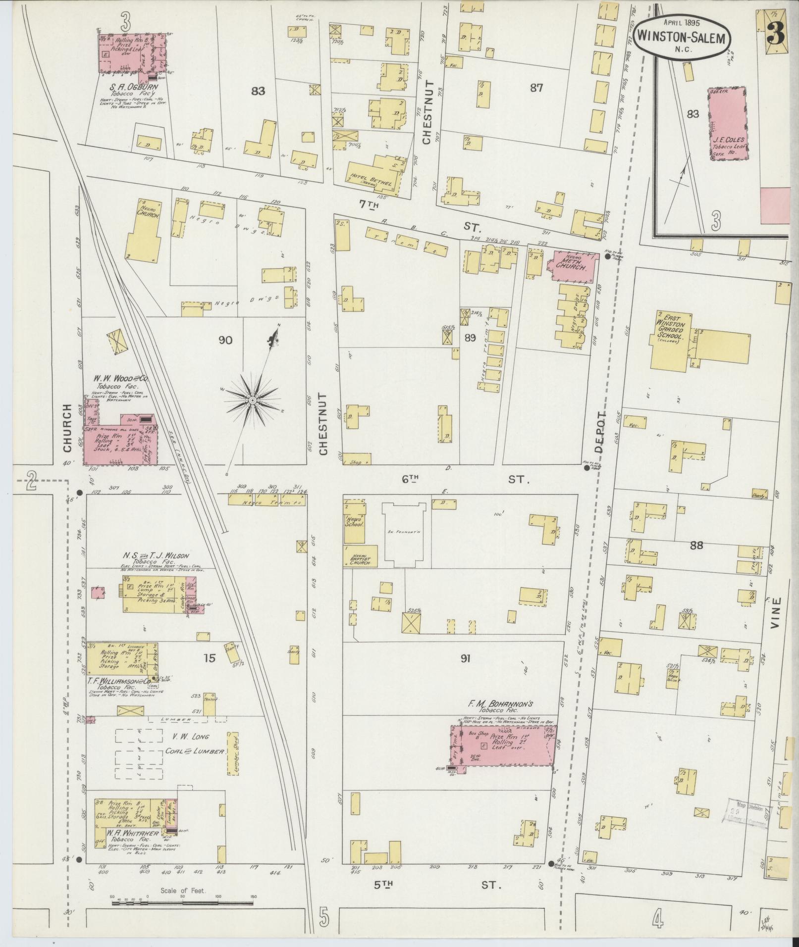 Sanborn Fire Insurance Map from Winston-Salem, Forsyth County, North Carolina (1895), Sheet #0003 - Complete Map Set gallery image, historic Sanborn map, vintage wall art, North Carolina North Carolina